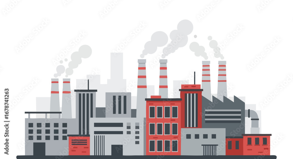 Obraz premium Stylized Industrial landscape illustration showcasing multiple factories with smoke emanating from chimneys against a neutral backdrop