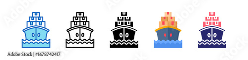 Freight Ship Multiple Style Icon Set Collection. 