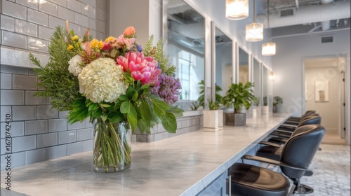 Wallpaper Mural Fresh flowers brighten a modern salon with white marble countertops and stylish seating Torontodigital.ca