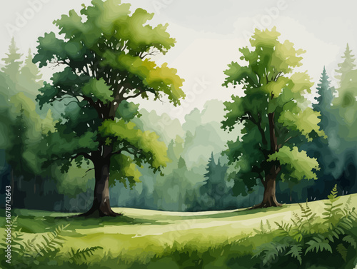 Lush summer forest landscape with majestic oak trees and verdant greenery bathed in soft light illustration