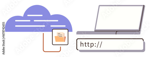 Cloud with a document folder linked to a laptop screen and URL bar, representing online file sharing, cloud storage access, and digital collaboration. Ideal for technology, internet, cloud storage