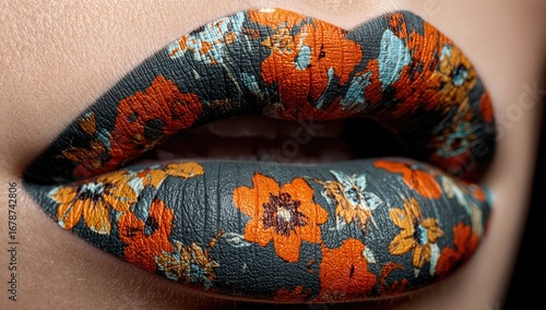 Close-up of lips adorned with floral print