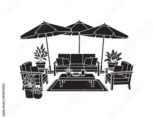 Patio furniture and accessories represented as a black glyph icon. Outdoor lounge furniture. Patio umbrellas. A cozy outdoor living area. Silhouette symbol