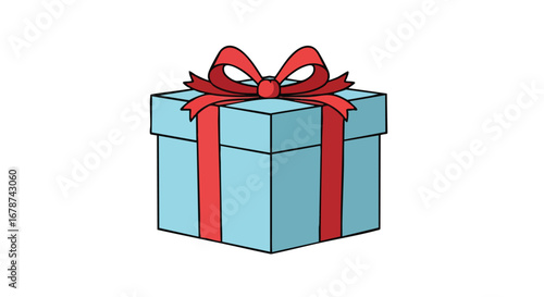 Delightful pastel blue gift box with vibrant red ribbon and bow, ideal for festive occasions and celebrations