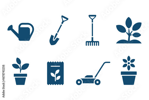 Gardening Essentials: An artistic array of gardening tools and plant icons, meticulously crafted in a simple yet appealing minimalist style.