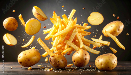 Dynamic potatoes and french fries floating in the air against a dark background