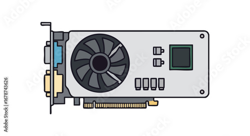 Stylized graphic illustration of a discrete computer graphics card for enhancing visual computing performance and capabilities