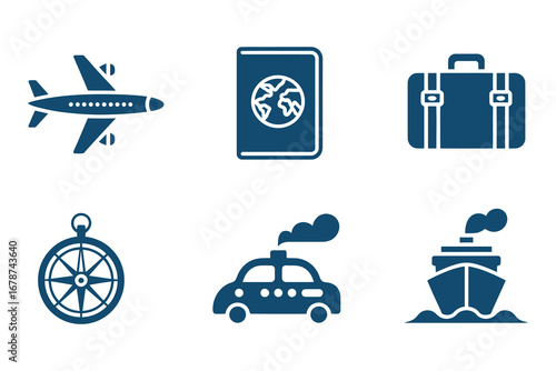 Travel Essentials Icon Set: A collection of iconic illustrations, beautifully rendered in a single color, capturing the essence of travel and exploration and the excitement of journey.