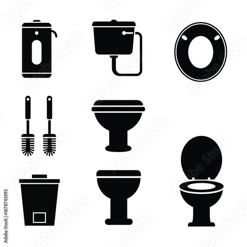 Set of black silhouette icons for toilet and bathroom essentials