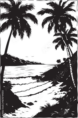 palm trees on the beach engraving outline vector art illustration design, palm tree silhouette, hand drawn beach drawing, line art palm tree, sea, beach, summer view, vintage palm tree on sea beach.