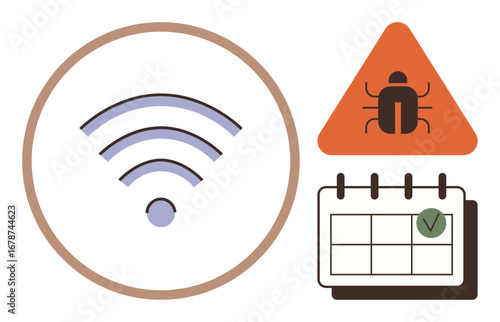 wireless icon, warning sign with bug, and marked calendar. Ideal for technology, cybersecurity, planning, risk management, wireless communication system updates digital protection. Simple flat