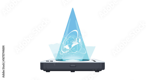 Captivating technology illustration: a vibrant blue holographic projection on a platform showcases innovation and futuristic design