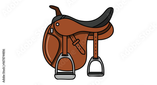 Detailed cartoon illustration of a brown horse saddle isolated on a clean white backdrop showcasing equestrian equipment for riding experiences