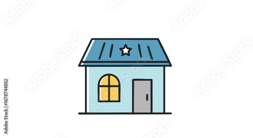 Quaint Home with Star Accent: A Minimalist Illustration of a Charming Dwelling, simple line art depicting a residential building with character