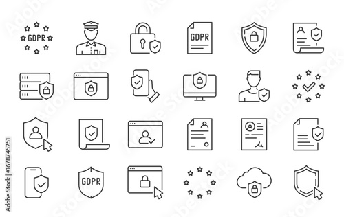 Privacy Policy web icons in line style. GDPR, security, data protection, shield, processing, data, collection. Vector illustration.