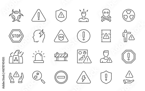 Hazard Danger web icons in line style. Risk, toxic, explosive, flammable collection. Vector illustration.