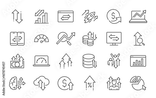 Traffic web icons in line style. Hosting, traffic control, connection, cloud data, local network, download. Vector illustration.