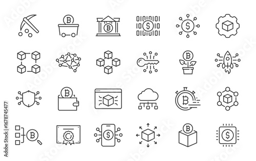 Blockchain web icons in line style. Technology, cryptocurrency, mining, key, transaction, smart contract, collection. Vector illustration.