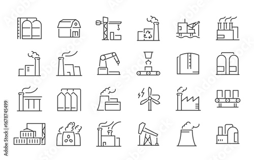 Factories web icons in line style. Production, technology, factory, industry power, manufacture. Vector illustration.Web