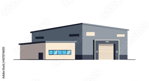 Stylized Illustration of a Modern Industrial Warehouse Exterior with Loading Bay and Windows in a Flat Design Style