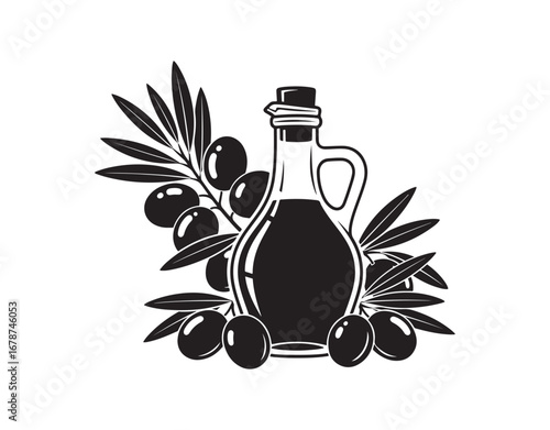 Icon of an olive vector, accompanied by an oil bottle. Mediterranean olive fruits and a leaf branch, depicted as black silhouettes against a white background. Illustration of food.