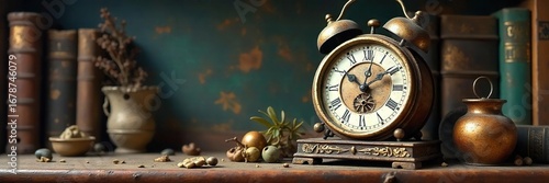 A whimsical clock with mismatched gears, tilted at an odd angle, rests on a dusty, antique bookshelf, surrounded by forgotten trinkets and curious objects , handcrafted, clock