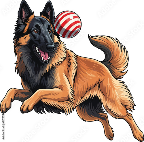 Belgian Tervuren dog playing with ball cute vector illustration