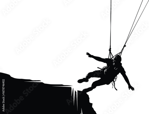 Silhouette of a person rope swinging off a cliff edge