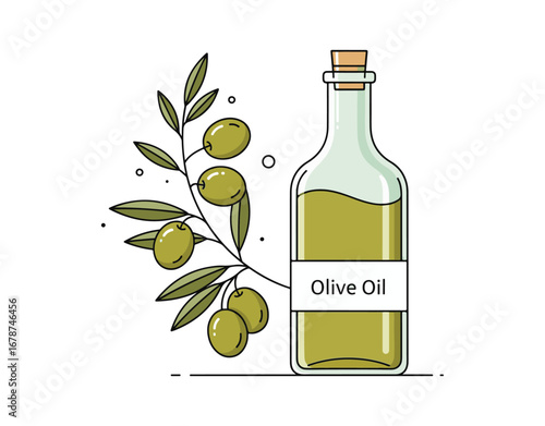 Illustration of olive oil represented by a bottle and a branch of olives

