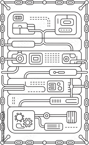 Complex Abstract Vector Circuit Board with Geometric and Mechanical Elements, technology, circuit.