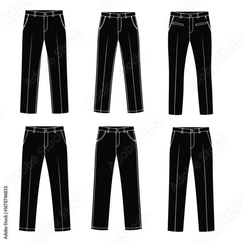 Collection of black pants and trousers illustrations. Vector fashion apparel design templates set.