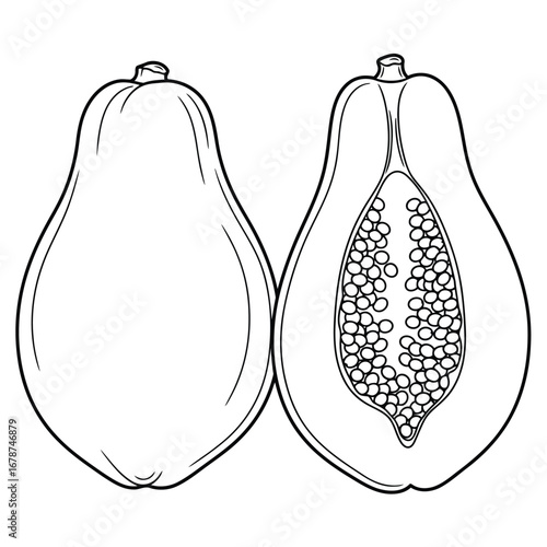 Black and White Illustration of Fresh Papaya Fruit, Whole and Halved