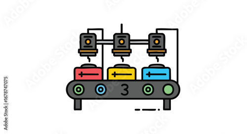 Automated production process illustrating efficiency and technological advancement within a manufacturing context showing batteries and machinery