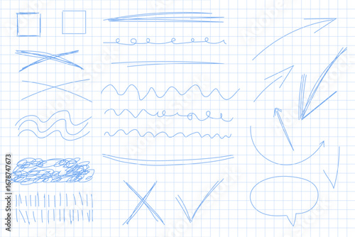 Various blue lines and shapes drawn on graph paper.