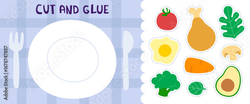 Food plate mini game with magnetic ingredients. Cut and glue mini game for kids.