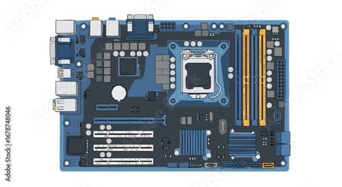Illustrated rendition of a detailed computer motherboard showcasing intricate components and circuitry offering a technical and schematic visual