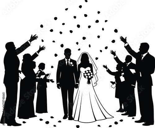 A wedding couple being showered with confetti by their guests, celebrating their marriage