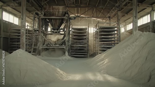Detailed View Inside Kaolin Extraction and Drying Shed Featuring Piles of White Clay Heavy Machinery and Shelving Unit in Industrial Setting Under Bright Daylight with Mineral Extraction and