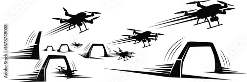 A group of drones racing through gates, showcasing speed and agility of modern aerial technology