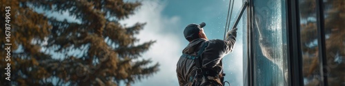 Wallpaper Mural Man cleaning windows high on a building with trees in the background on a clear sunny day Torontodigital.ca