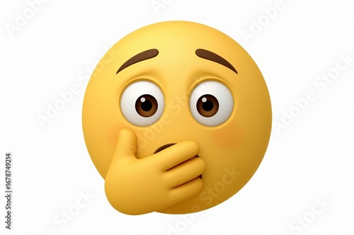 Worried 3D emoji hand over mouth, white background, digital illustration