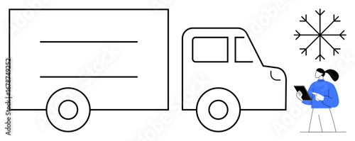 Delivery truck paired with logistics worker reviewing a tablet amid a snowflake symbolizing cold storage. Ideal for transportation, supply chain, logistics, winter operations, commerce, planning