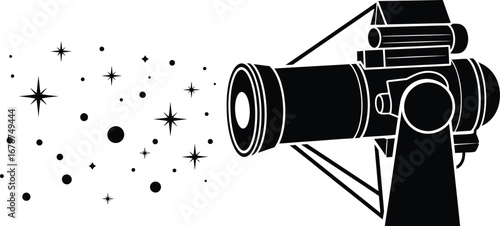 Telescope with stars in a black and vector illustration