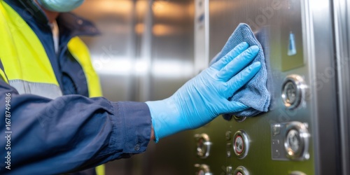 Worker cleans elevator buttons in a commercial building during routine maintenance