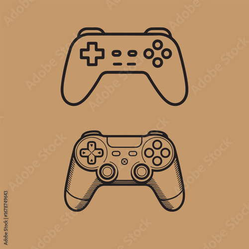 Two stylized game controllers one simple one detailed on brown background gaming symbol