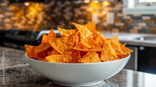 A bowl of spicy nacho cheese Doritos, with their bright orange color, set on a kitchen island with a modern backsplash.