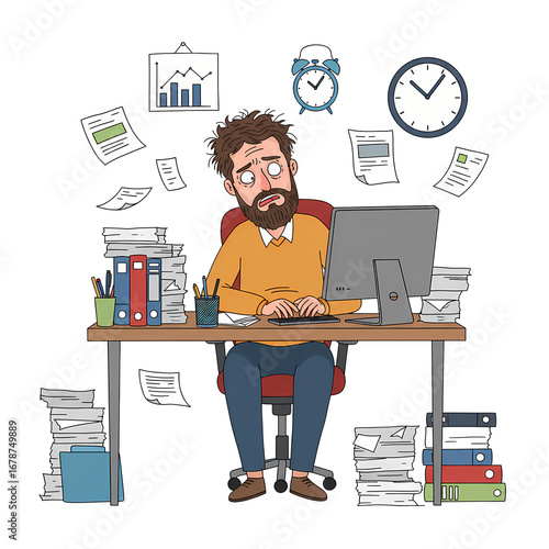 Stressed Man Working at Desk Surrounded by Papers Clocks and Charts in Busy Office