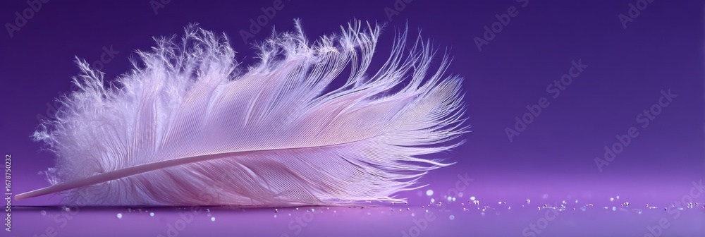 Obraz premium A delicate white feather rests on a soft purple background, adorned with subtle sparkles, creating an ethereal and tranquil atmosphere.