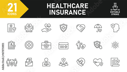 Health Insurance line icon set. Set of 21 outline icons related to medical care, healthcare, assurance, insurance, hospital, doctor, patient, safety and others. Editable stroke. Vector illustration.
