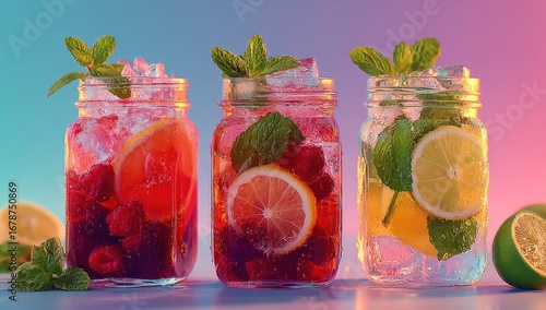 Three mason jar drinks, vibrant colors, fresh fruit and mint